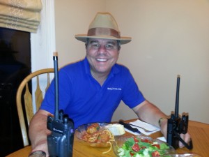 Two radios play quietly during dinner time.  I don't wear a hat at dinner but I didn't think you'd recognize me without it!