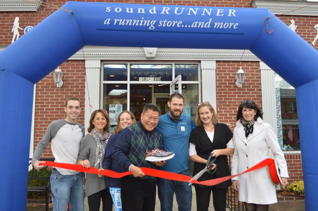 Pictured on the topmost one from left to right are: Brendan Hunt, a sophomore at Fairfield University and soundRUNNER staff; Katina Wolfe, soundRunner staff; Eileen Gould, soundRunner Store Manager, State Senator Tony Hwang; Preston Ranton, soundRunner General Manager; Selectman Sheila Marmion and Beverly Balaz, Fairfield Chamber of Commerce President.