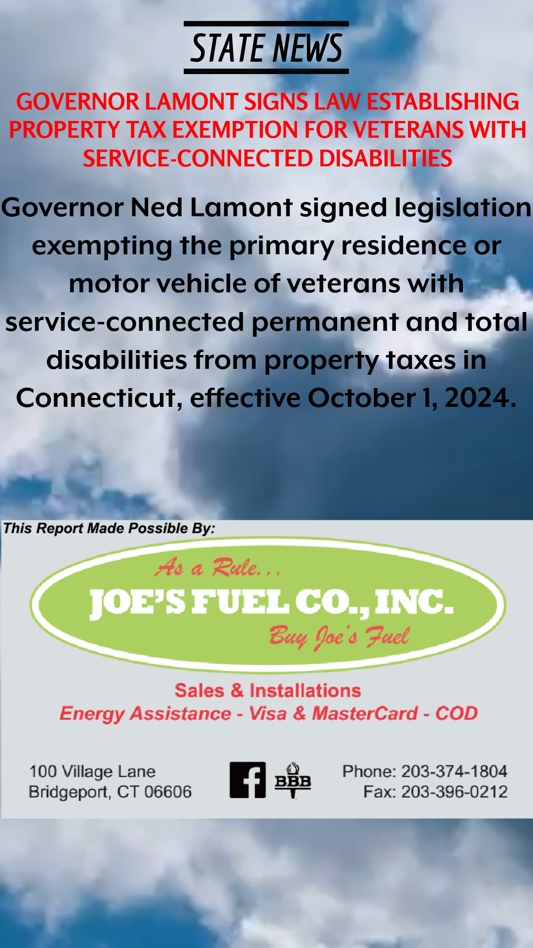 GOVERNOR LAMONT SIGNS LAW ESTABLISHING PROPERTY TAX EXEMPTION FOR VETERANS WITH SERVICE-CONNECTED DISABILITIES