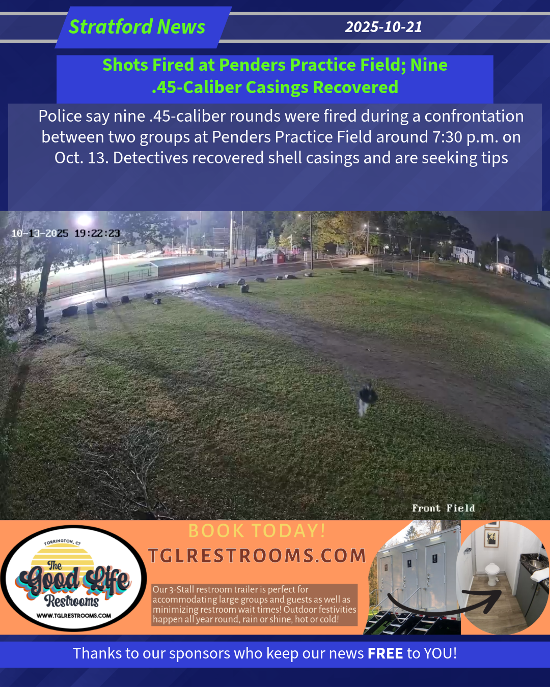 Shots Fired at Penders Practice Field; Nine .45-Caliber Casings Recovered