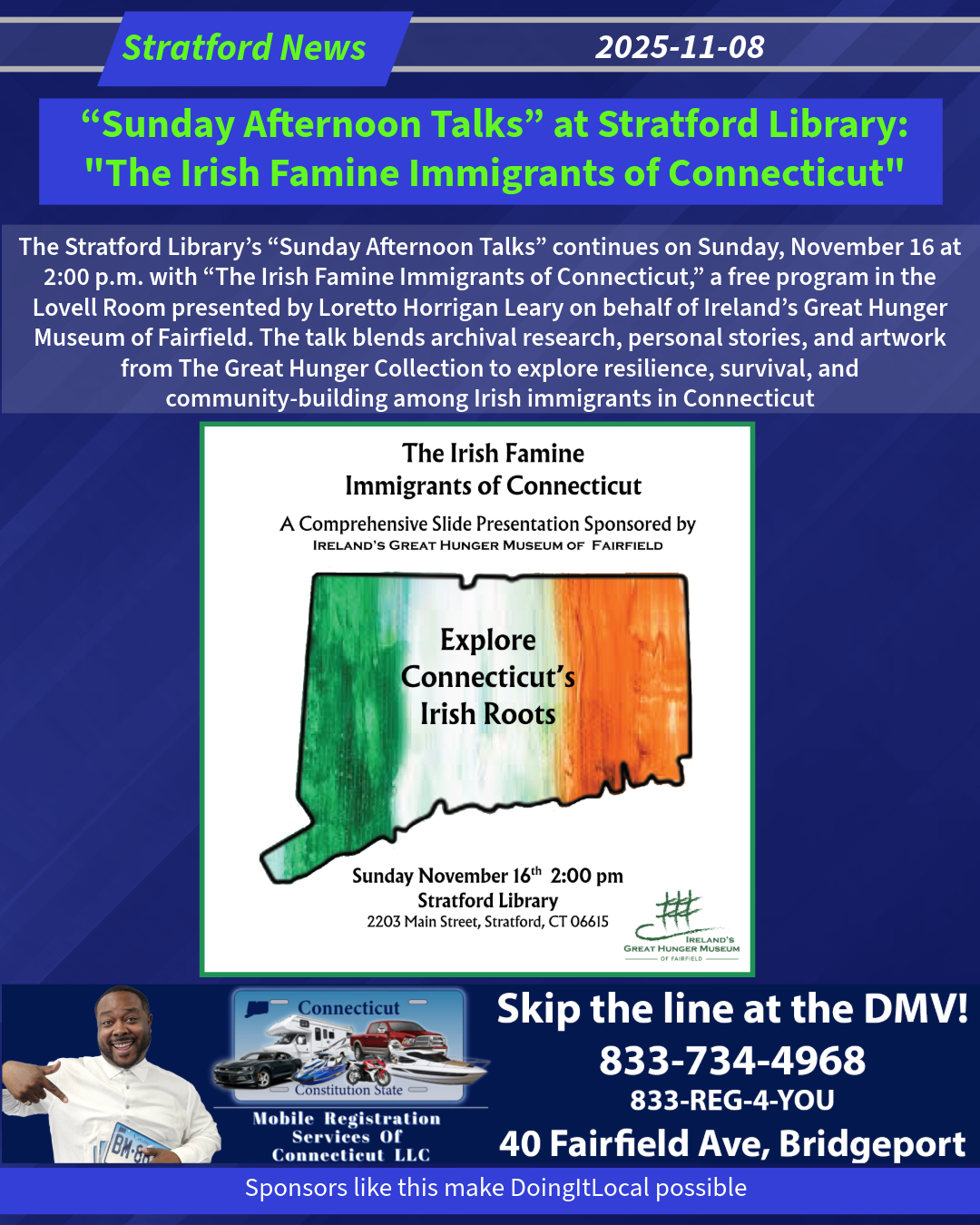 “Sunday Afternoon Talks” at Stratford Library: “The Irish Famine Immigrants of Connecticut”