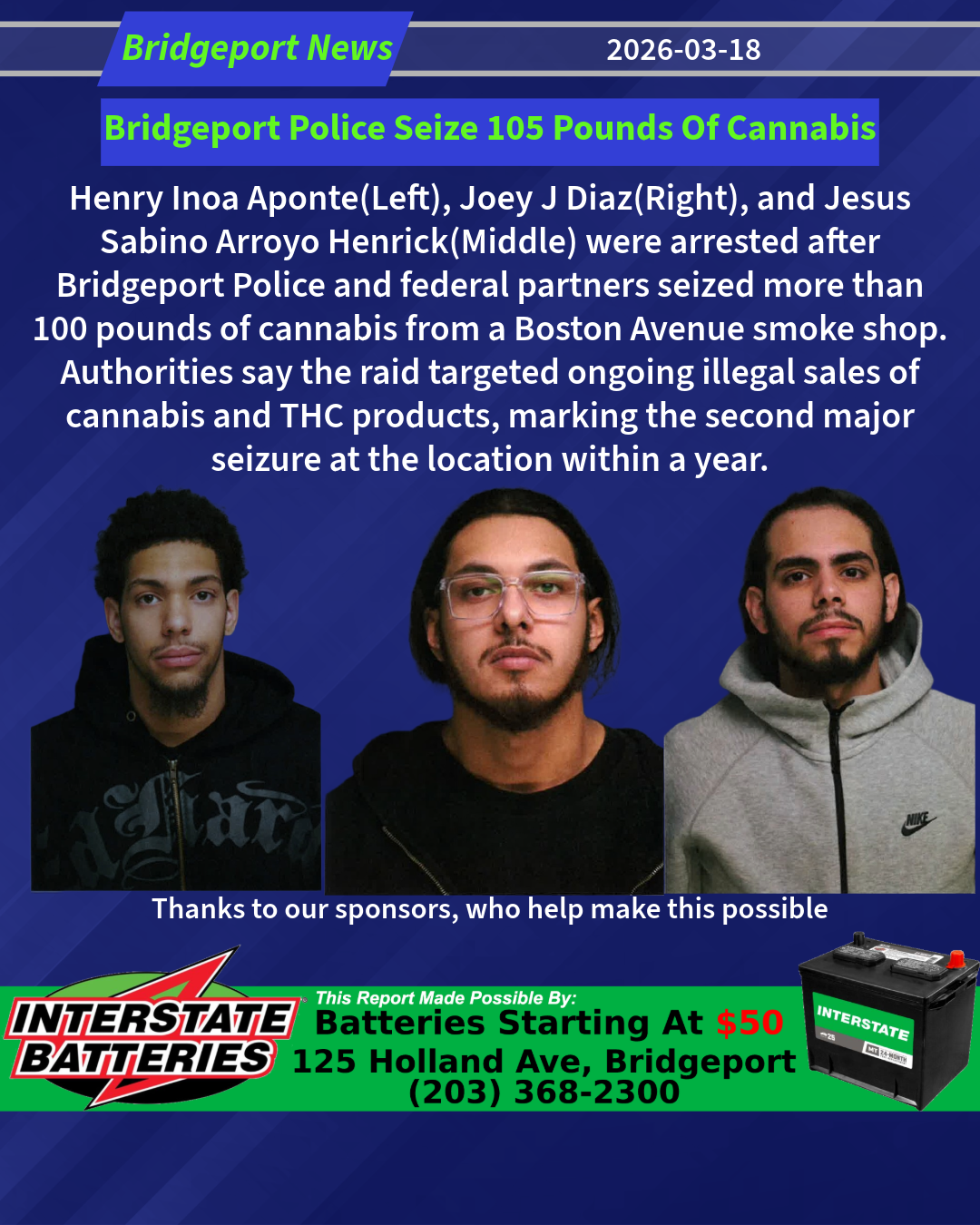 Mugshots of Henry Inoa Aponte, Joey J Diaz, and Jesus Sabino Arroyo Henrick following a Bridgeport narcotics investigation.