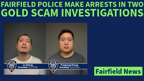Mugshots of Le Chen and Fangzeng Huang alongside gold bars representing a Fairfield gold scam investigation.
